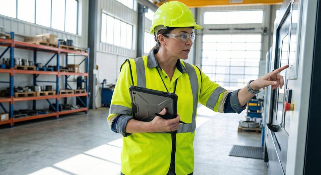 Professional safety officer in high-visibility vest conducting workplace inspection with digital tablet, modern industrial setting