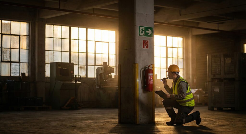 Early morning workplace inspection, safety officer checking emergency equipment and fire extinguisher
