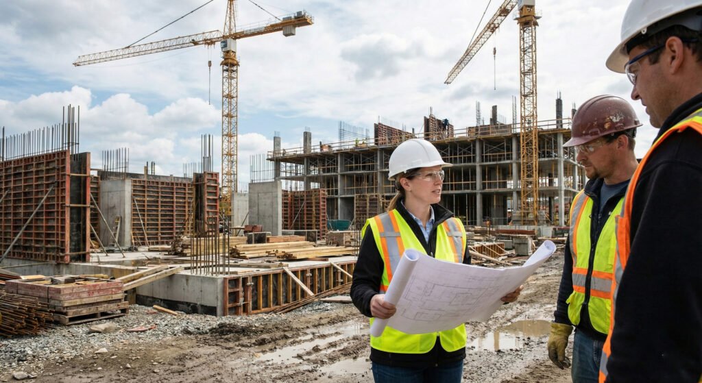 Construction safety officer on active building site wearing hard hat and safety gear, reviewing plans with construction workers